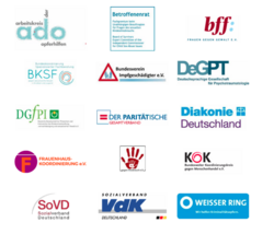 Logos: ado, Betroffenenrat, bff, BKSF, Bundesverein Imfgesch&auml;digter, DeGPT, DGfPI, Der Parit&auml;tische Gesamtverband, Diakonie Deutschland, Frauenhauskoordinierung e.V., gegen Missbrauch e.V., KOK, SoVD, VdK, Weisser Ring