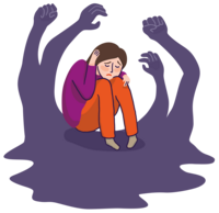 Frau sitzt auf der Erde und h&auml;lt sch&uuml;tzend die H&auml;nde &uuml;ber den Kopf, w&auml;hrend dunkle Schattenh&auml;nde nach ihr greifen.