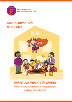 Titelseite FHK-Fachinfo "Parteilich auch f&uuml;r Kinder": Kinder mit Superheld*innen-Umhang springen auf Trampolin, umrundet von ausgelassenen Menschen