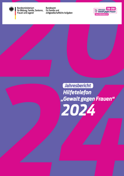 Auf einer A4-Seite stehen in pink auf einem lila Hintergrund in zwei Zeilen die Zahlen 2024, in wei&szlig;er kleiner Schrift steht geschrieben: Jahresbericht Hilfetelefon "Gewalt gegen Frauen" 2024. Es ist die Titelseite des Jahresberichts. 