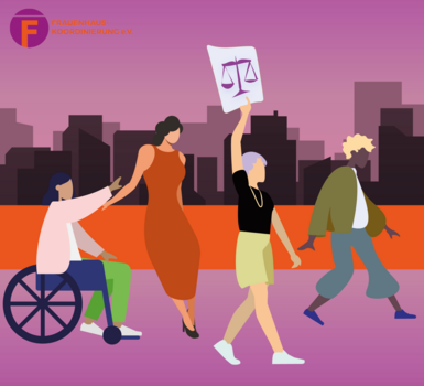 Abbildung zeigt vier unterschiedliche Frauen, die f&uuml;r einen Rechtsanspruch demonstrieren