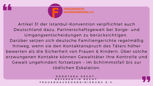 D. Hecht, Juristin Frauenhauskoordinierung: "Art.31 der Istanbul-Konvention verpflichtet auch Deutschland dazu,Partnerschaftsgewalt bei Sorge- und Umgangsentscheidungen zu ber&uuml;cksichtigen. Dar&uuml;ber setzen sich deutsche Familiengerichte regelm&auml;&szlig;ig hinweg, wenn sie den Kontaktanspruch des T&auml;ters h&ouml;her bewerten als die Sicherheit von Frauen & Kindern. &Uuml;ber solche erzwungenen Kontakte k&ouml;nnen Gewaltt&auml;ter ihre Kontrolle und Gewalt ungehindert fortsetzen - im Schlimmstfall bis zur t&ouml;dlichen Eskalation."