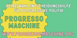 Gelbes Zahnrad auf gr&uuml;nem Untergrund, Aufschrift: Progressomaschine - Wahlentscheidungshilfe f&uuml;r progressive Politik. www.progressomaschine.org