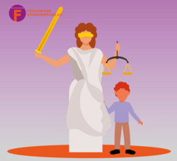 Justitia-Statur mit verbundenen Augen h&auml;lt in der linken HAnd ein Schwert, in der rechten hat sie ein Kind an der Hand.